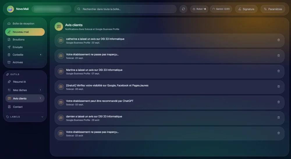 Nova Mail : boîte Gmail organisée, avec le menu Résumé IA, Mes tâches et Avis clients